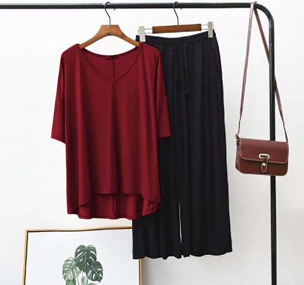 Maroon V Neck T shirt with Black Palazzo Pajama Night Suit for Her (AA-86)