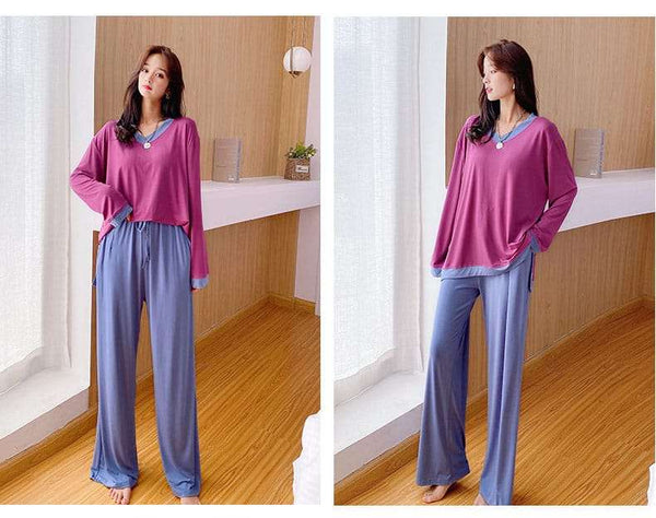 Shocking Pink with Blue V Neck with Blue Contrast Palazzo Pajama Full Sleeves Night Suit for Her (AA-73)