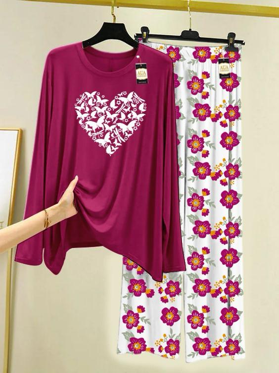 New maroon heart design printed nightwear for women
