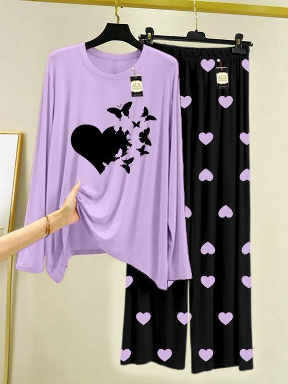 New purple heart with butterfly design printed nightwear for women