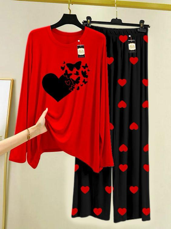 New red heart and butterfly design printed nightwear for women