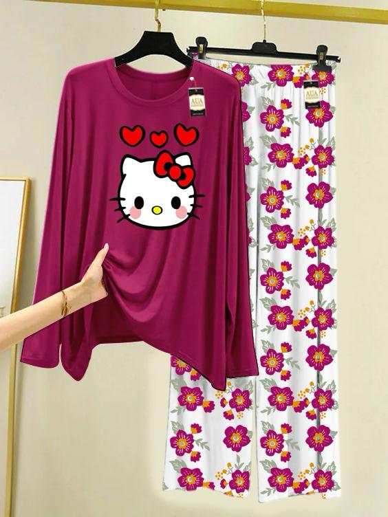 New maroon cute cat design printed nightwear for women