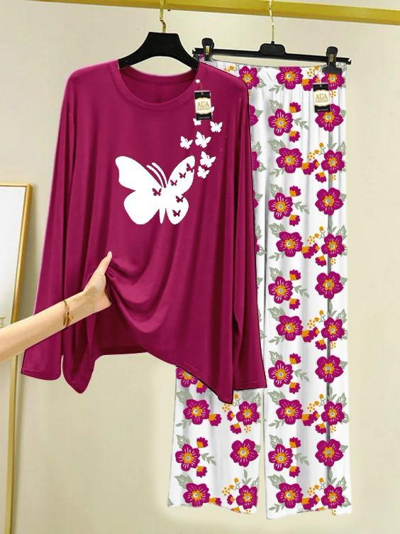 New maroon butterfly design printed nightwear for women