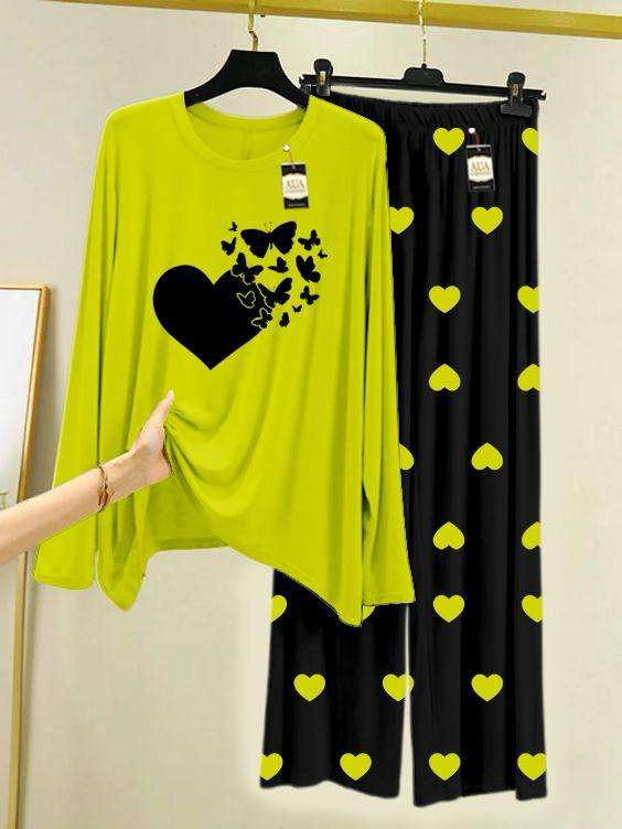 New green heart with butterfly Design printed nightwear for women