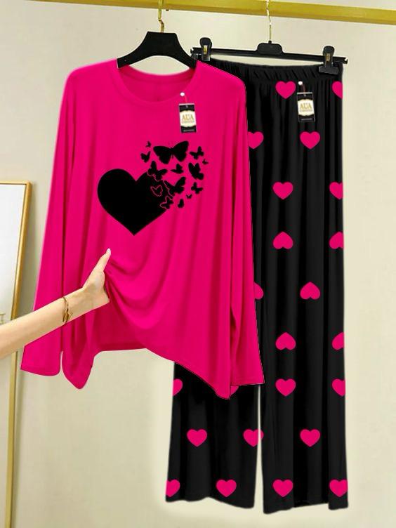 New pink heart with butterfly design printed nightwear for women