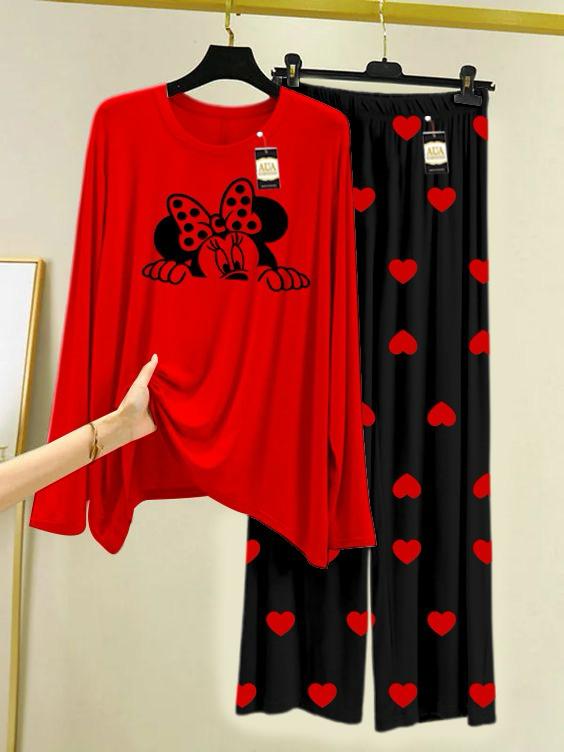 New red Micky mouse design printed nightwear for women
