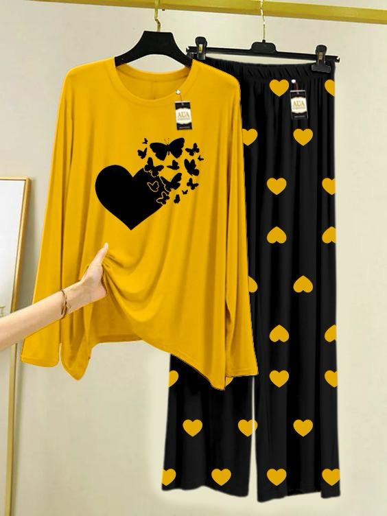 New yellow heart with butterfly design printed nightwear for women