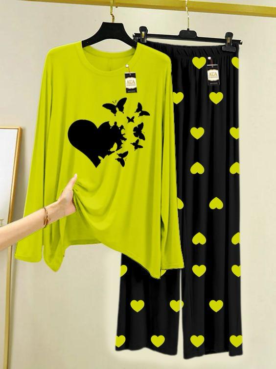 New green heart with butterfly design printed nightwear for women