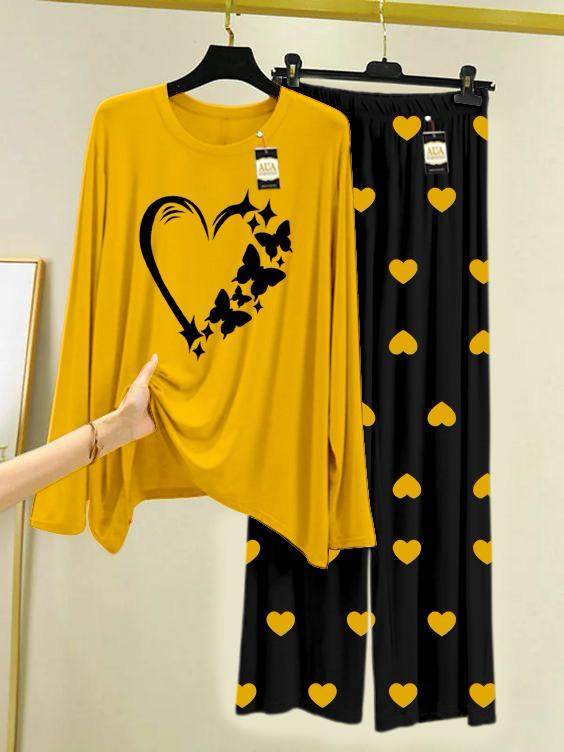 New yellow butterfly covering heart design printed nightwear for women