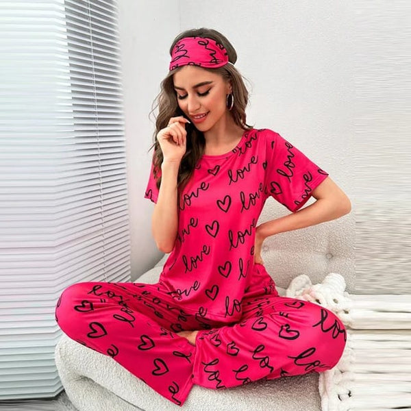 Shocking Pink Love Printed T-shirt And Trouser Suit (AA-148)