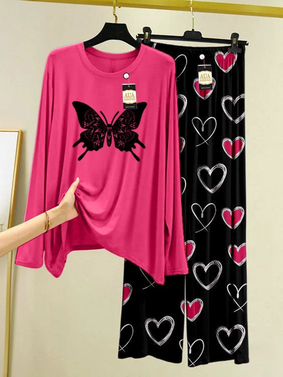 Butterfly Printed Pink Color Heart Printed Trouser Lounge wear Nightwear Sleepwear With Heart Prinred Trouser For Women