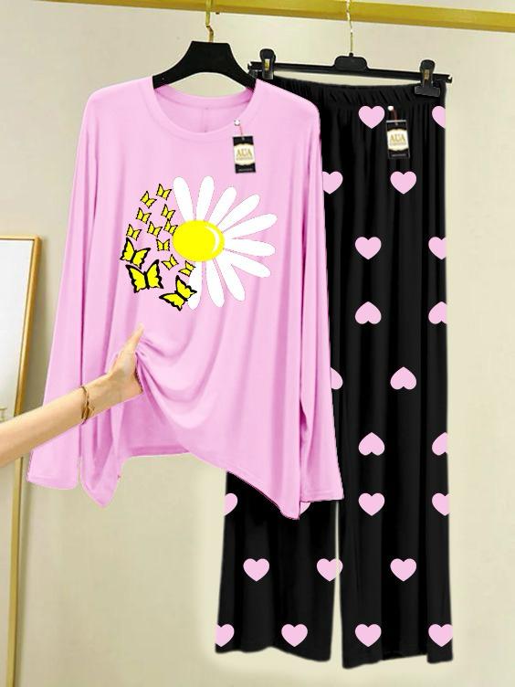 New baby pink sunflower design printed nightwear for women