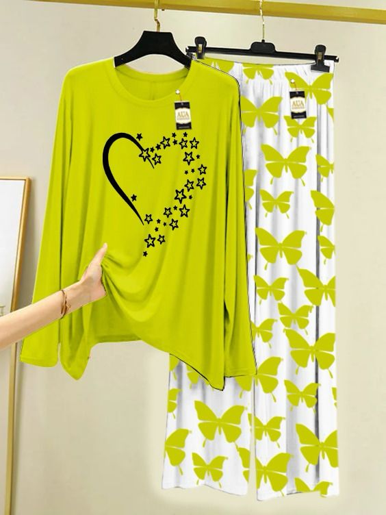 New green love stars print women nightwear