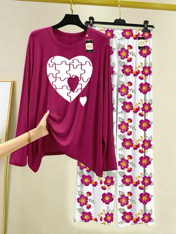 New maroon heart design printed nightwear for women
