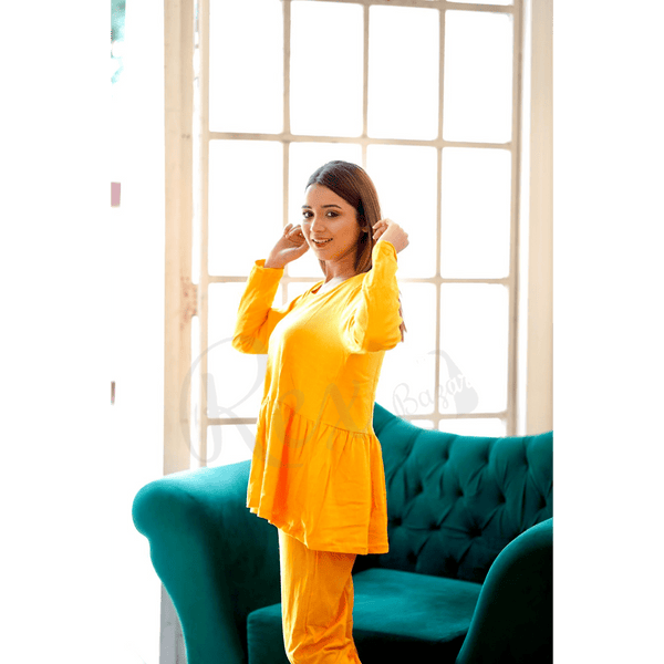 Plain Yellow Frill Style with Palazzo Style Pajama Full Sleeves Suit for Her (AA-51)
