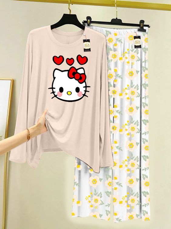 KITTY AND HEART PRINTED NIGHT SUIT FOR WOMEN