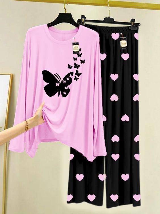 New baby pink butterfly design printed nightwear for women