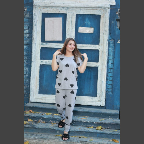 Grey and Black Hearts Print Half Sleeves Night Suit for her (AA-35)