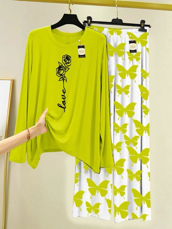 New green love flower design printed nightwear for women