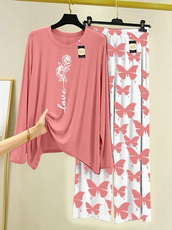 New peach flower design printed love nightwear for women
