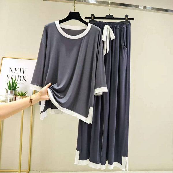 Plain Grey with White Round Neck and Quarter Sleeves T Shirt with White Panel Palazzo Style Pajama Suit for Her (AA-54)