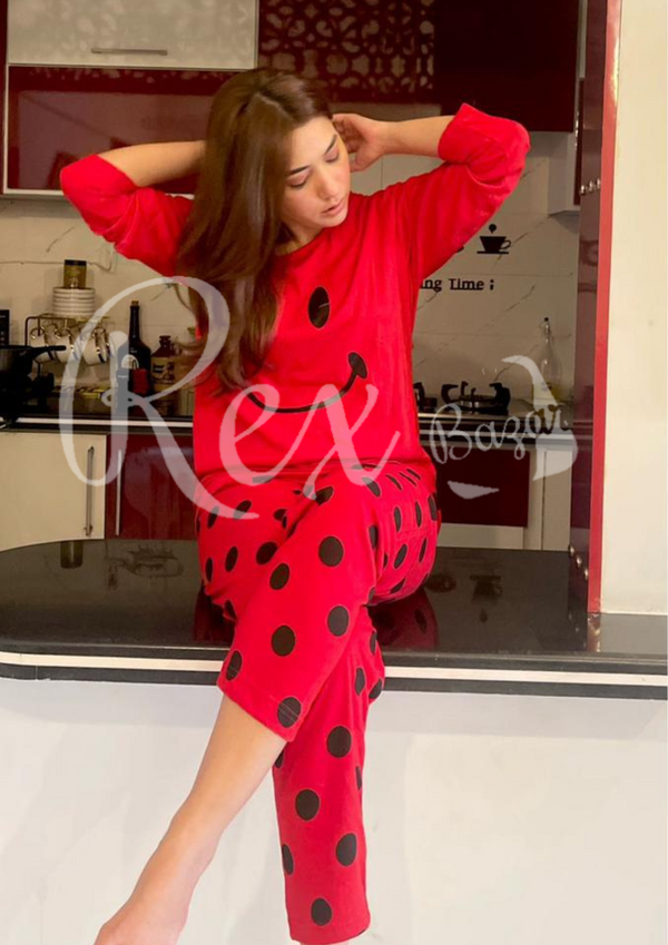 Red Smile with Dotted Style Pajama Full Sleeves Night Suit for her (AA-20)