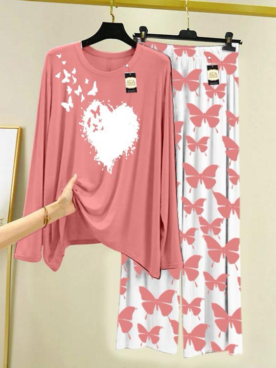 New peach butterfly design printed nightwear for women