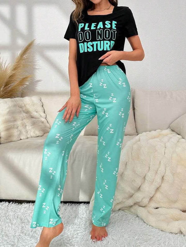Black Please Do Not Disturb Printed Half Sleeves T-shirt With Printed Trouser Suit (AA-179)