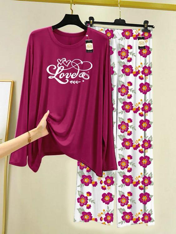 New maroon love design printed nightwear for women