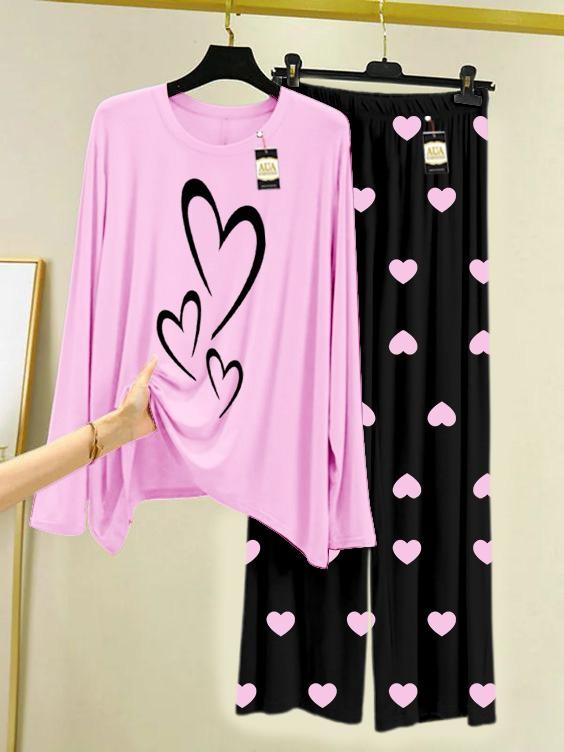 New baby pink heart design printed nightwear for women