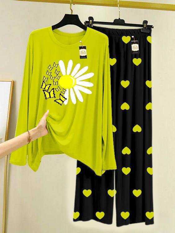 New green sunflower design printed nightwear for women