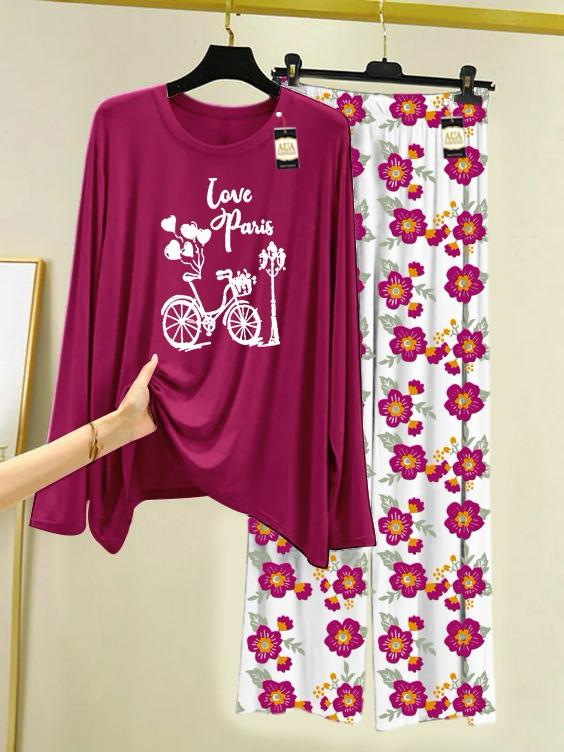 New maroon cycle design printed nightwearf for women