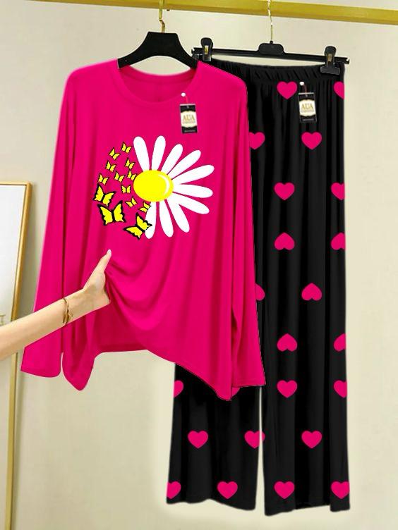 New pink sunflower design printed nightwear for women