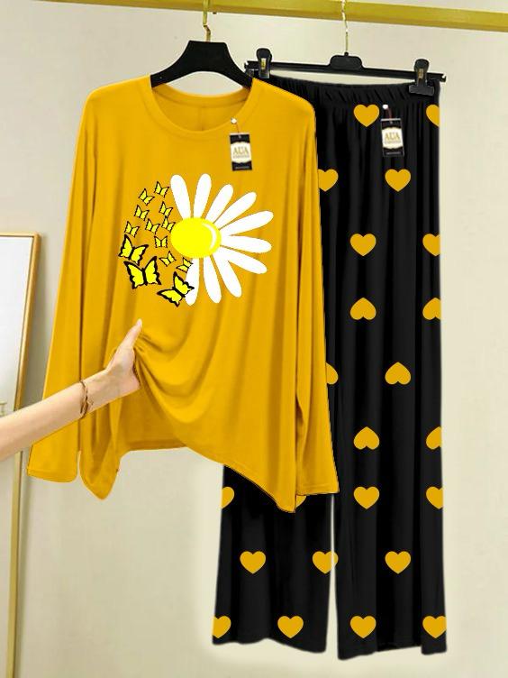 New yellow sunflower design printed nightwear for women
