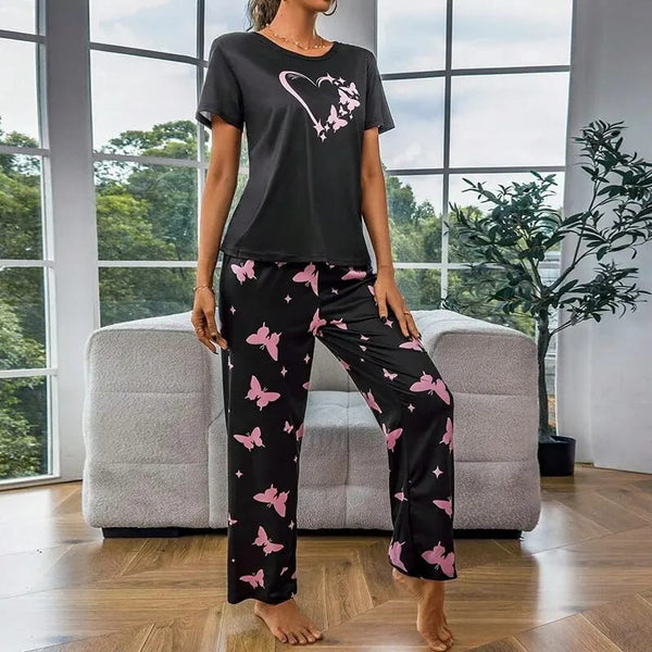 Grey With Butterflies Heart Printed T-shirt And Butterflies Printed Trouser Suit (AA-151)