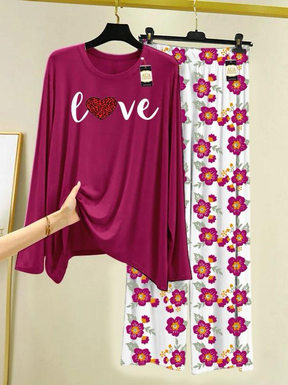 New maroon love design printed nightwear for women