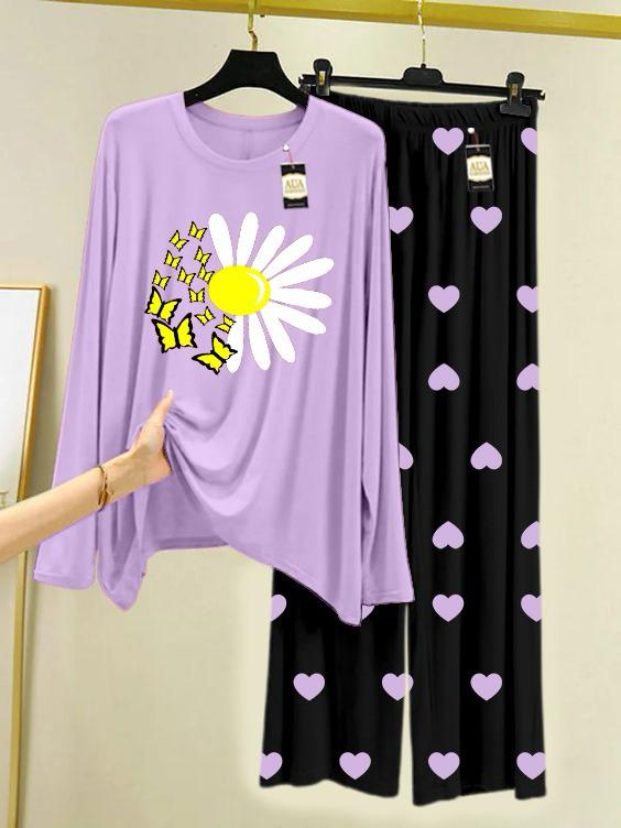 New purple sunflower design printed nightwear for women
