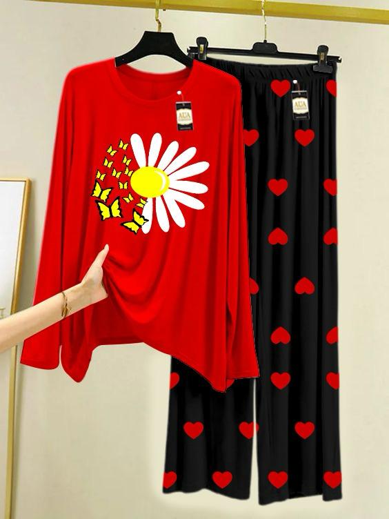 New red sunflower design printed nightwear for women