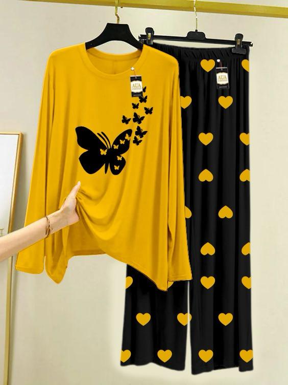 New yellow butterfly design printed nightwear for women