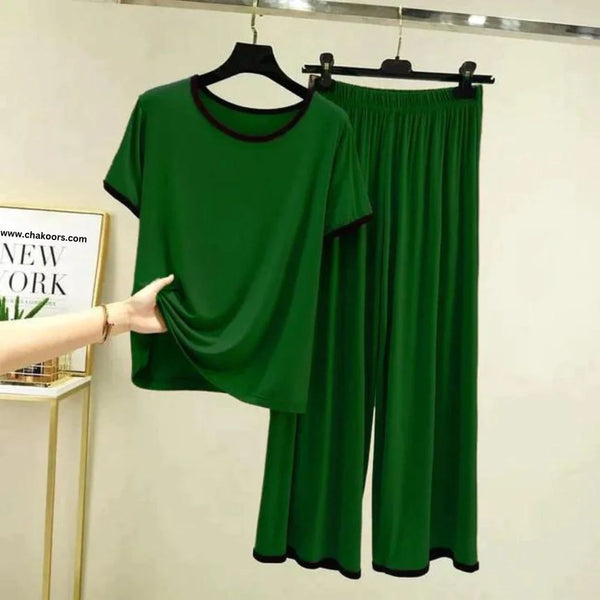 Green With Black Pipin Neck And Sleeves Half Sleeves Suit (AA-159)