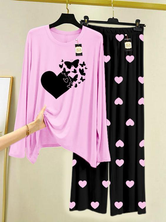New babypink heart with flying butterfly design printed nightwear for women