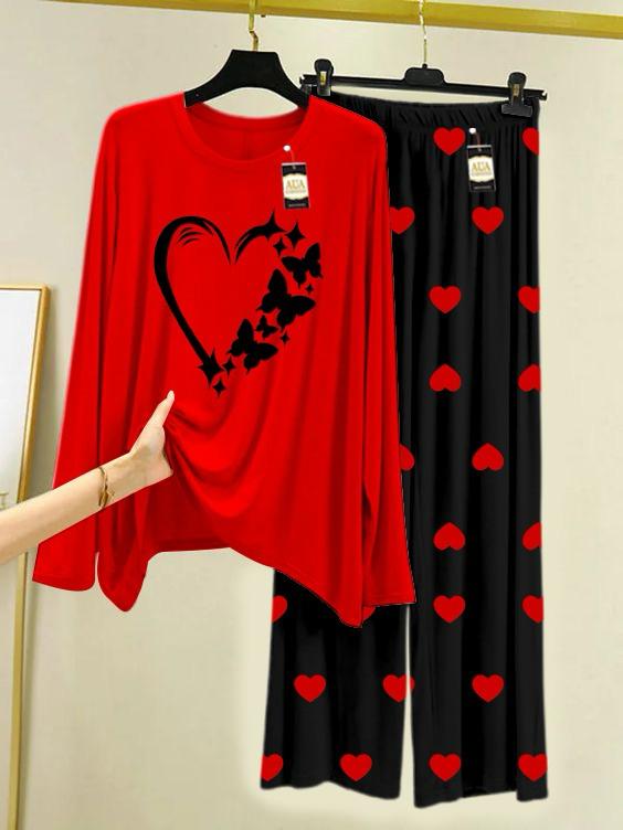 New red heart with Butterfly design printed nightwear for women