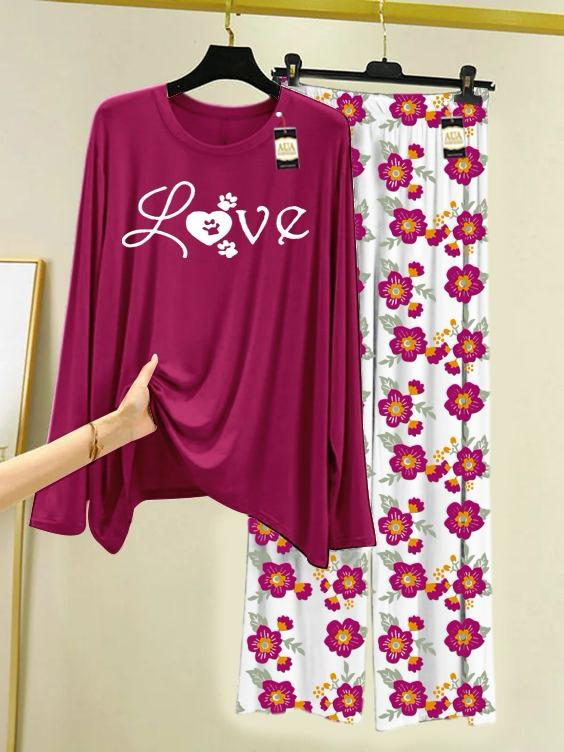 New maroon love design printed nightwear for women