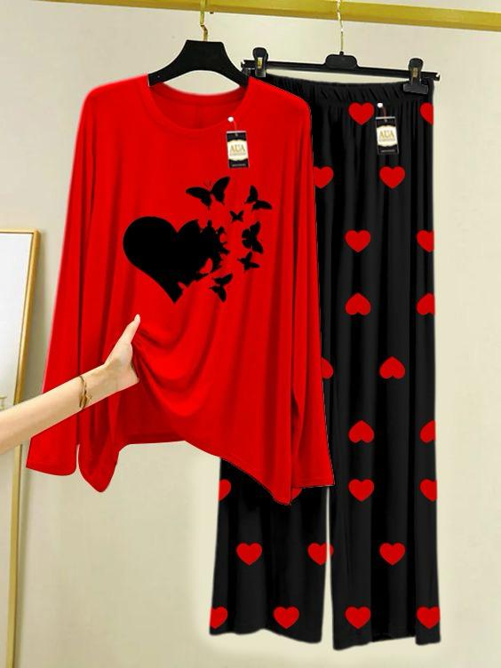 New red heart design printed nightwear for women