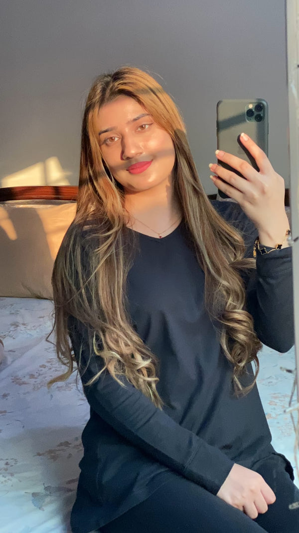 Plain Black V Neck with Palazzo Style Pajama Full Sleeves Suit for Her (AA-64)