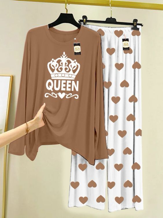 LIGHT BROWN QUEEN PRINTED MINI HEART PRINTED TROUSER