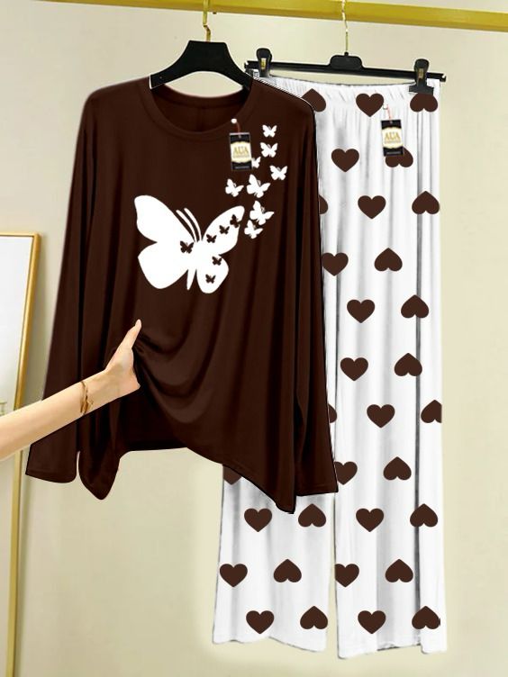 DARK BROWN FLYING BUTTERFLY PRINTED MINI HEART PRINTED TROUSER