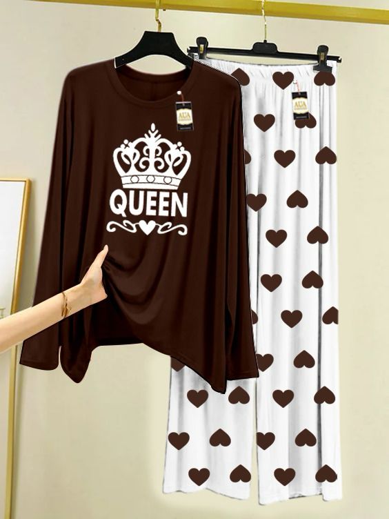 DARK BROWN QUEEN PRINTED MINI HEART PRINTED TROUSER