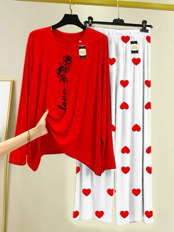 RED FLOWER PRINTED MINI HEART PRINTED TROUSER