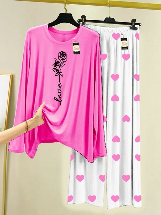 LIGHT PINK FLOWER PRINTED MINI HEART PRINTED TROUSER